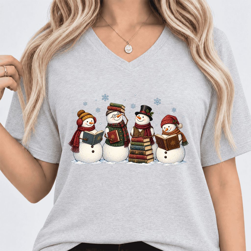 Four Snowmen Reading Ultra-Soft V-Neck | Christmas Book Lover Gift Ash