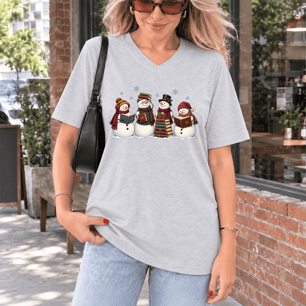 Four Snowmen Reading Ultra-Soft V-Neck | Christmas Book Lover Gift Ash
