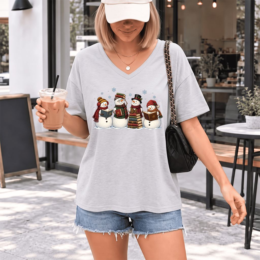 Four Snowmen Reading Ultra-Soft V-Neck | Christmas Book Lover Gift Ash