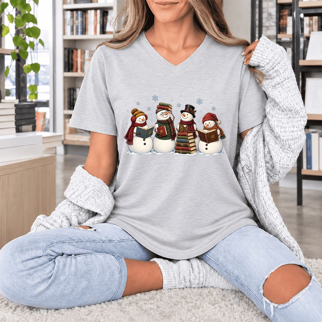 Four Snowmen Reading Ultra-Soft V-Neck | Christmas Book Lover Gift Ash
