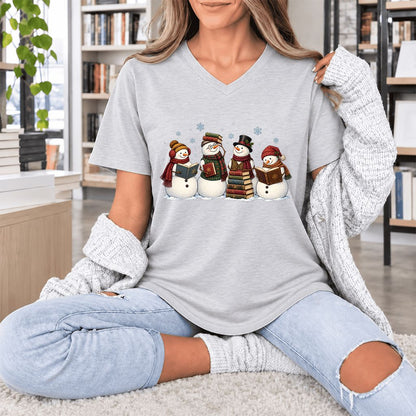 Four Snowmen Reading Ultra-Soft V-Neck | Christmas Book Lover Gift Ash