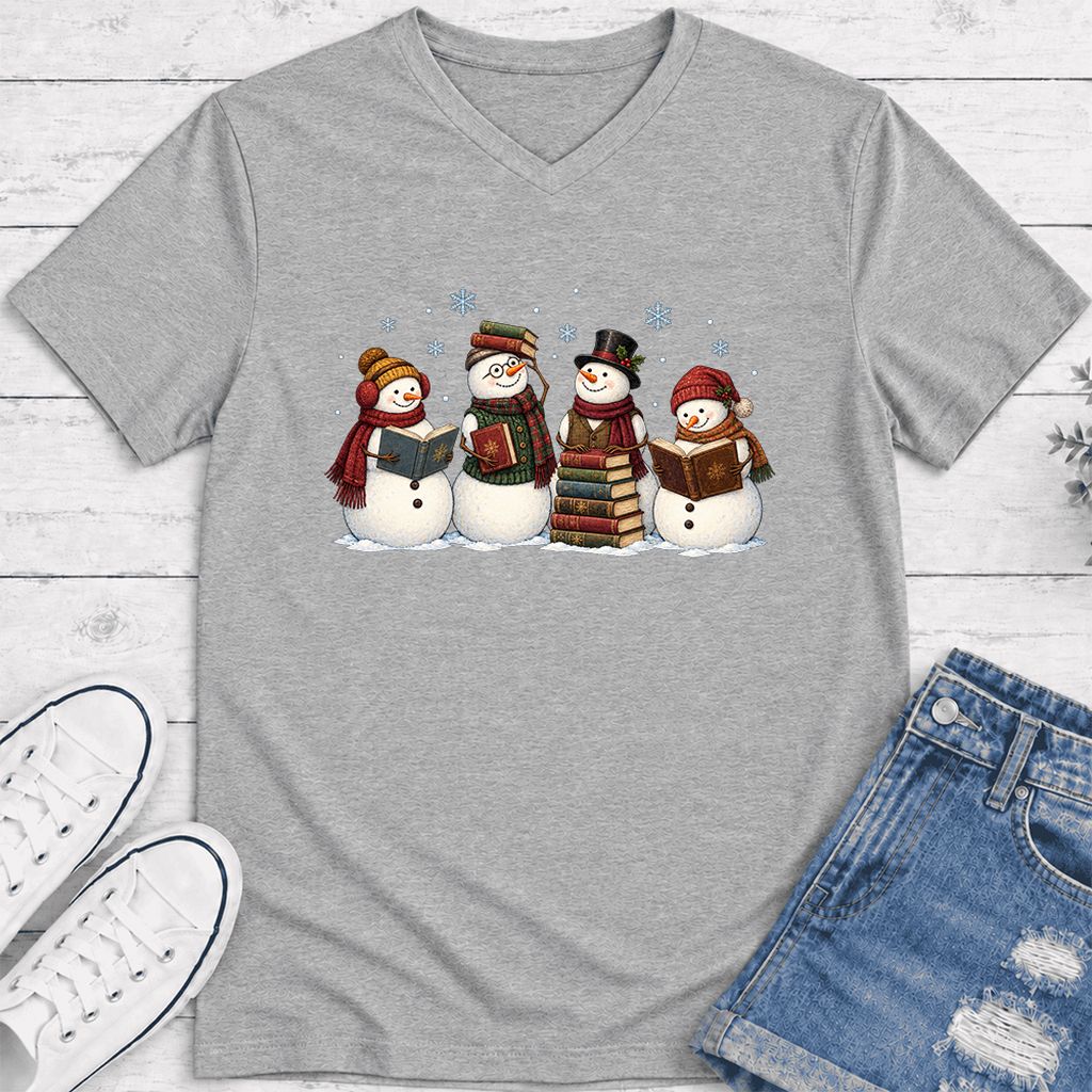Four Snowmen Reading Ultra-Soft V-Neck | Christmas Book Lover Gift Athletic Heather