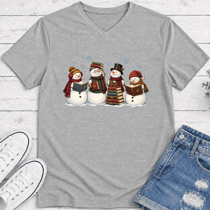 Four Snowmen Reading Ultra-Soft V-Neck | Christmas Book Lover Gift Athletic Heather