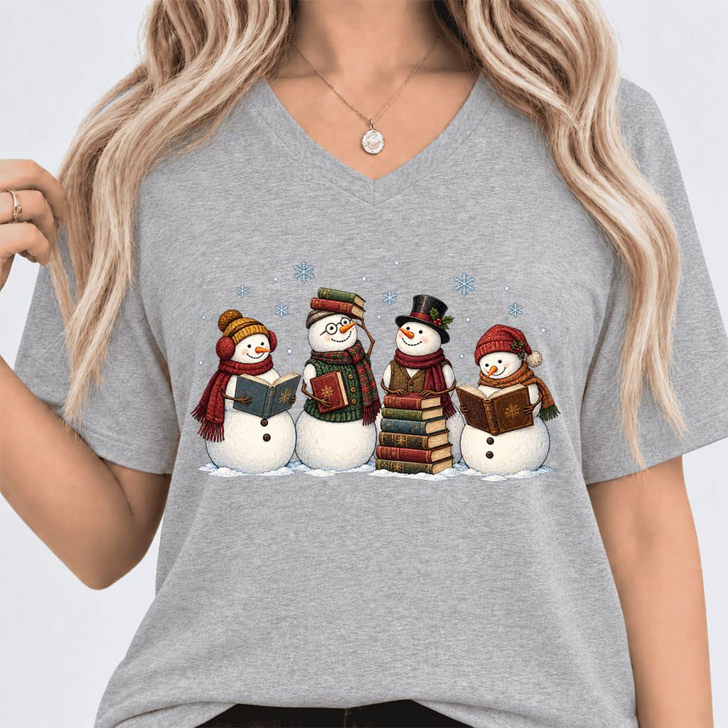 Four Snowmen Reading Ultra-Soft V-Neck | Christmas Book Lover Gift Athletic Heather