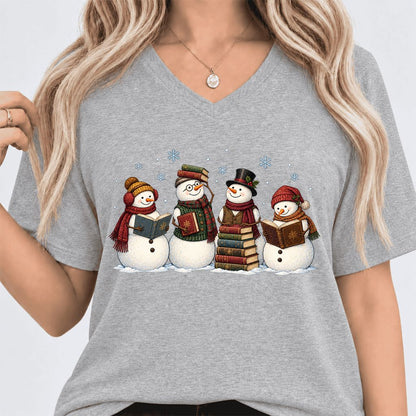 Four Snowmen Reading Ultra-Soft V-Neck | Christmas Book Lover Gift Athletic Heather