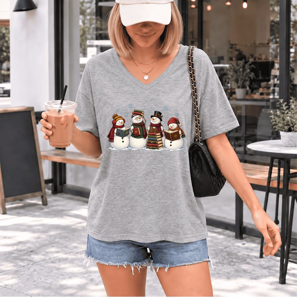 Four Snowmen Reading Ultra-Soft V-Neck | Christmas Book Lover Gift Athletic Heather