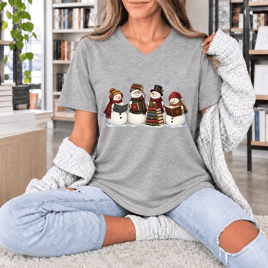 Four Snowmen Reading Ultra-Soft V-Neck | Christmas Book Lover Gift Athletic Heather