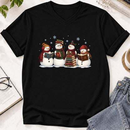 Four Snowmen Reading Ultra-Soft V-Neck | Christmas Book Lover Gift Black