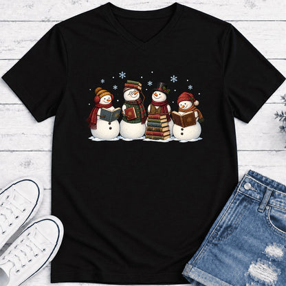 Four Snowmen Reading Ultra-Soft V-Neck | Christmas Book Lover Gift Black