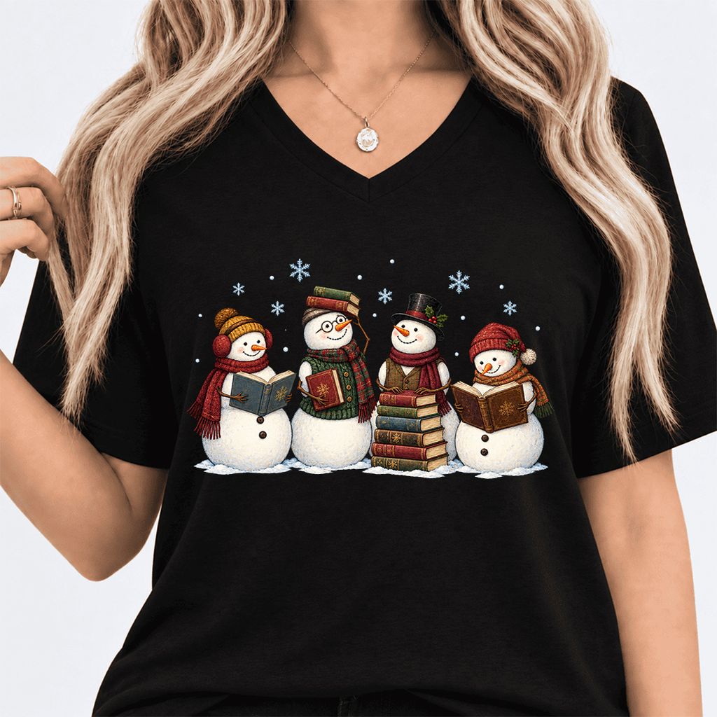 Four Snowmen Reading Ultra-Soft V-Neck | Christmas Book Lover Gift Black