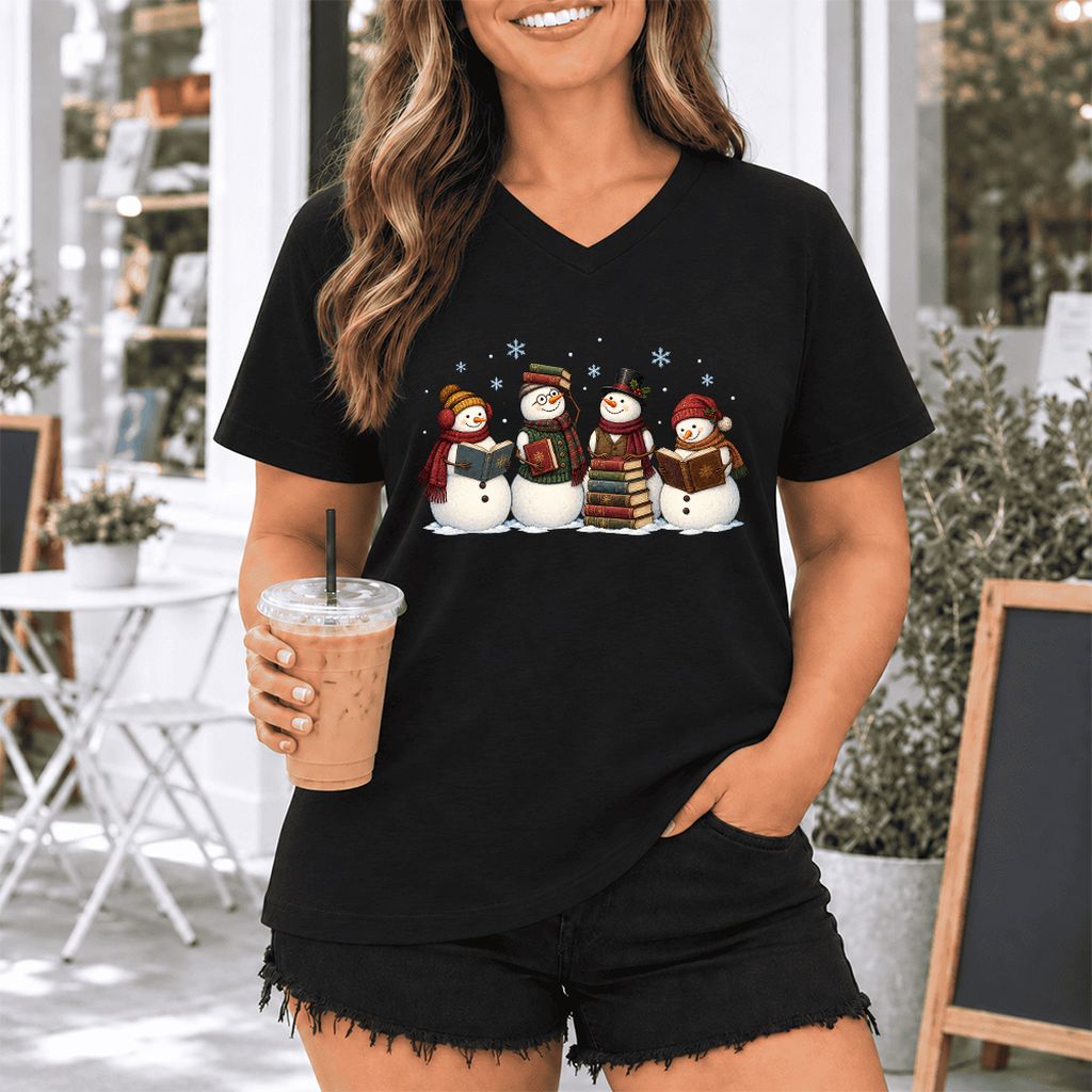 Four Snowmen Reading Ultra-Soft V-Neck | Christmas Book Lover Gift Black