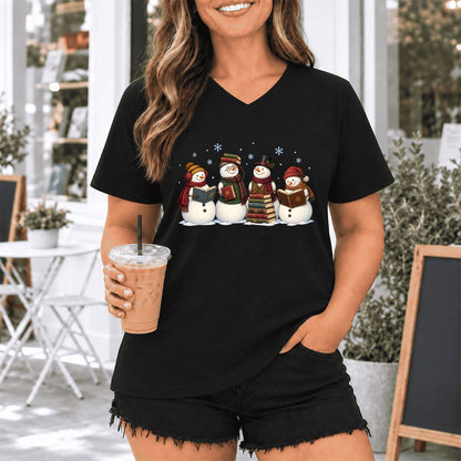 Four Snowmen Reading Ultra-Soft V-Neck | Christmas Book Lover Gift Black