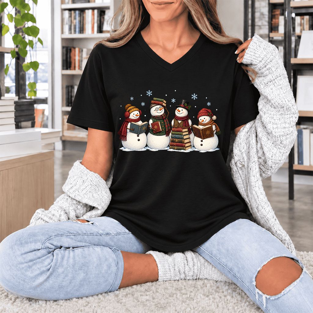 Four Snowmen Reading Ultra-Soft V-Neck | Christmas Book Lover Gift Black