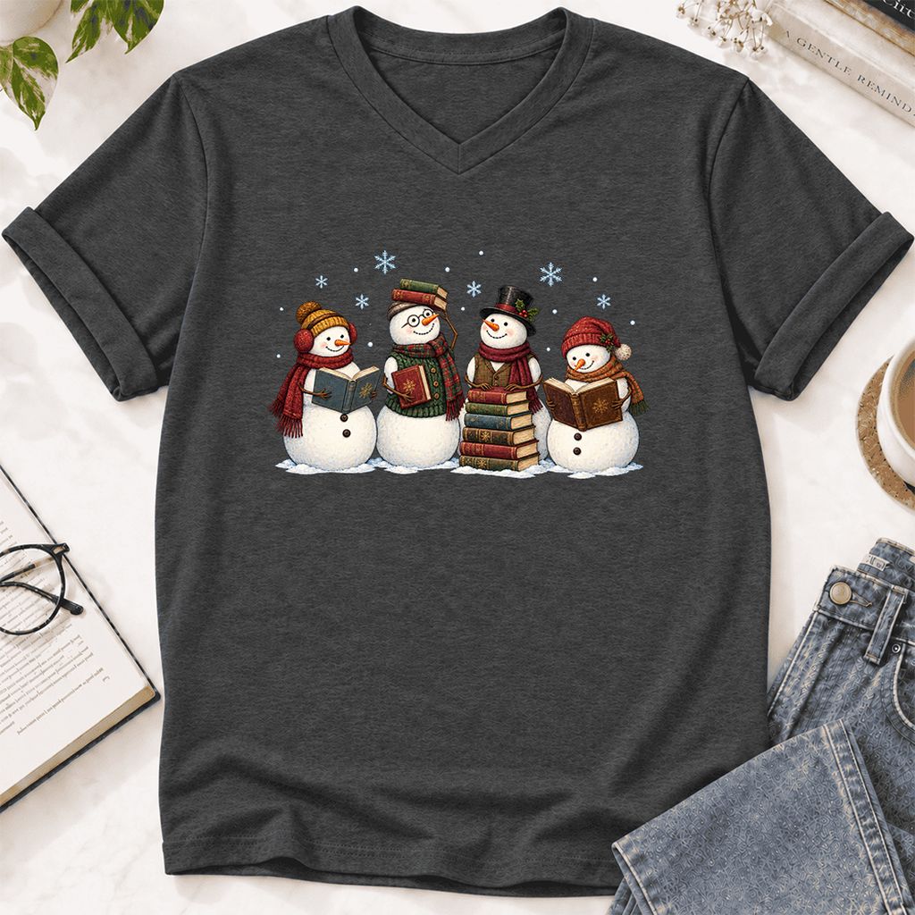 Four Snowmen Reading Ultra-Soft V-Neck | Christmas Book Lover Gift Dark Grey Heather