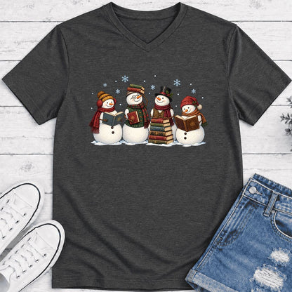 Four Snowmen Reading Ultra-Soft V-Neck | Christmas Book Lover Gift Dark Grey Heather