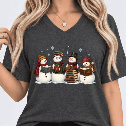 Four Snowmen Reading Ultra-Soft V-Neck | Christmas Book Lover Gift Dark Grey Heather