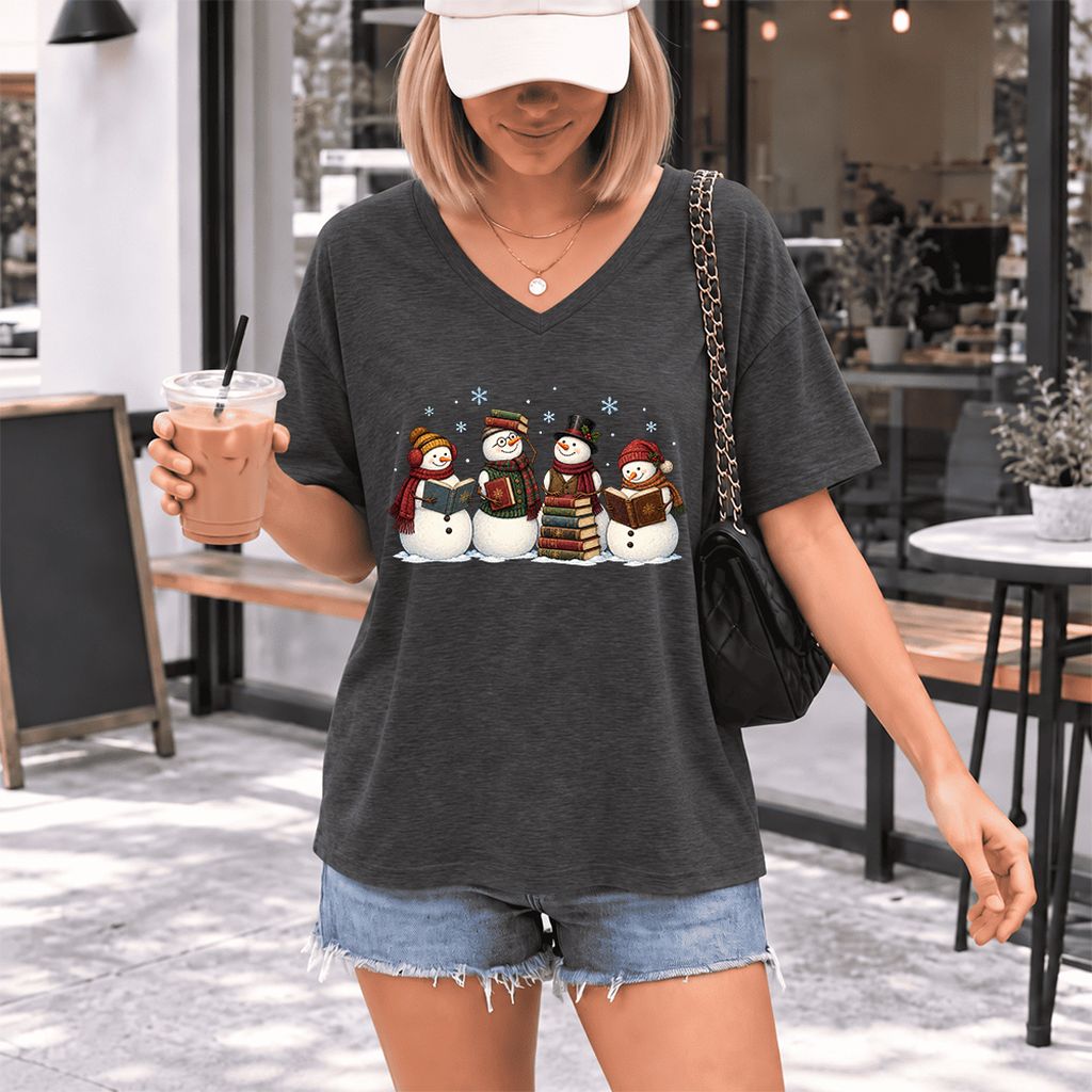 Four Snowmen Reading Ultra-Soft V-Neck | Christmas Book Lover Gift Dark Grey Heather