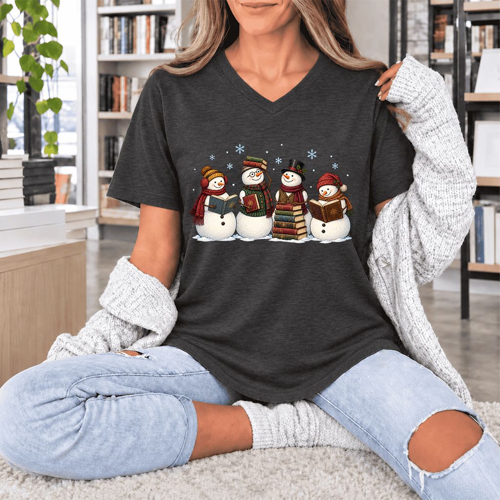 Four Snowmen Reading Ultra-Soft V-Neck | Christmas Book Lover Gift Dark Grey Heather