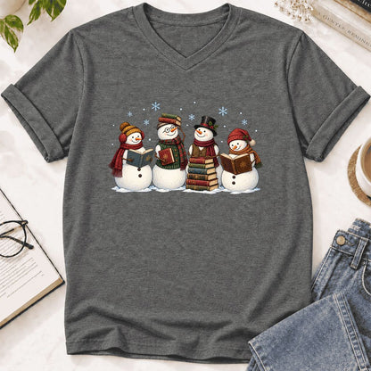 Four Snowmen Reading Ultra-Soft V-Neck | Christmas Book Lover Gift Deep Heather
