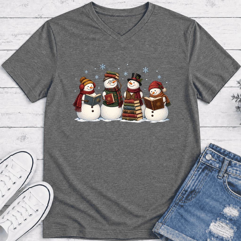 Four Snowmen Reading Ultra-Soft V-Neck | Christmas Book Lover Gift Deep Heather