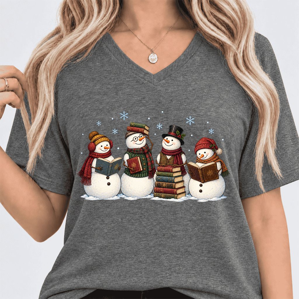 Four Snowmen Reading Ultra-Soft V-Neck | Christmas Book Lover Gift Deep Heather