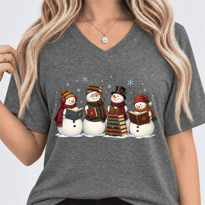 Four Snowmen Reading Ultra-Soft V-Neck | Christmas Book Lover Gift Deep Heather