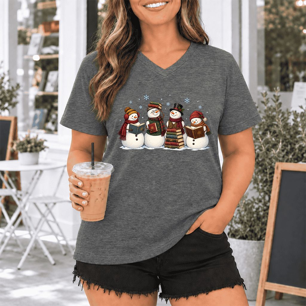 Four Snowmen Reading Ultra-Soft V-Neck | Christmas Book Lover Gift Deep Heather
