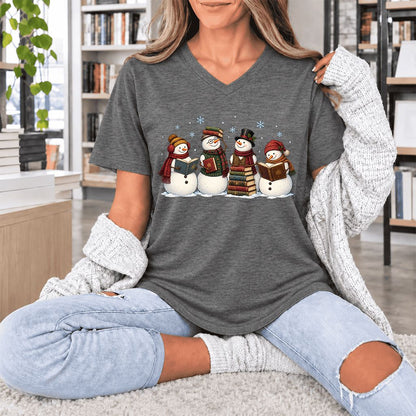 Four Snowmen Reading Ultra-Soft V-Neck | Christmas Book Lover Gift Deep Heather