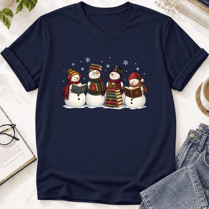 Four Snowmen Reading Ultra-Soft V-Neck | Christmas Book Lover Gift Navy