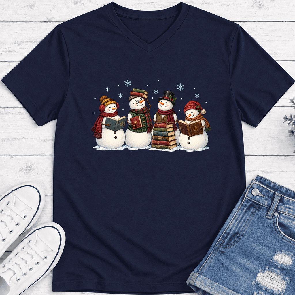 Four Snowmen Reading Ultra-Soft V-Neck | Christmas Book Lover Gift Navy