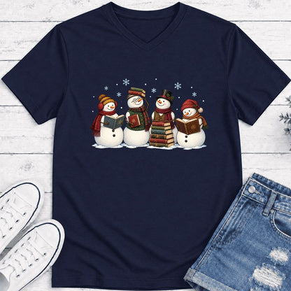 Four Snowmen Reading Ultra-Soft V-Neck | Christmas Book Lover Gift Navy