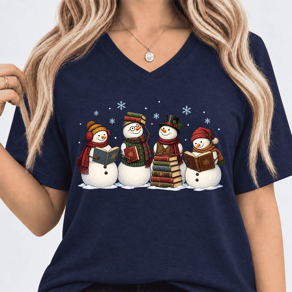 Four Snowmen Reading Ultra-Soft V-Neck | Christmas Book Lover Gift Navy