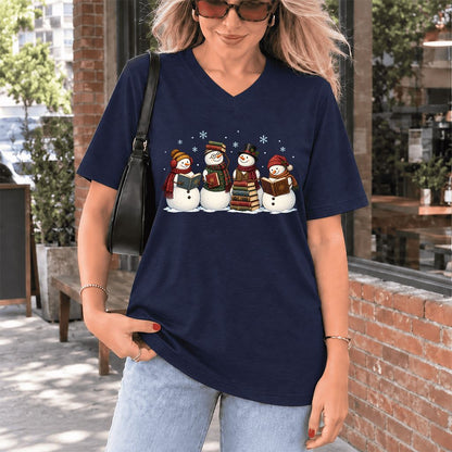 Four Snowmen Reading Ultra-Soft V-Neck | Christmas Book Lover Gift Navy