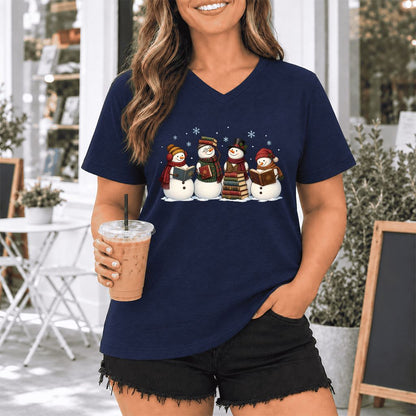 Four Snowmen Reading Ultra-Soft V-Neck | Christmas Book Lover Gift Navy