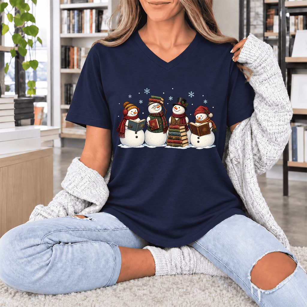 Four Snowmen Reading Ultra-Soft V-Neck | Christmas Book Lover Gift Navy
