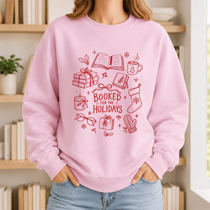 Booked For The Holidays Printed Sweatshirt | Christmas Book Lover Gift Light Pink