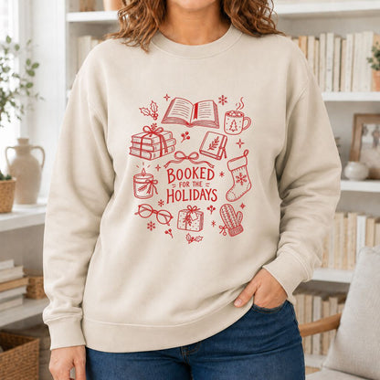 Booked For The Holidays Printed Sweatshirt | Christmas Book Lover Gift Sand