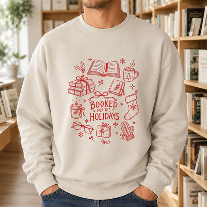 Booked For The Holidays Printed Sweatshirt | Christmas Book Lover Gift Sand