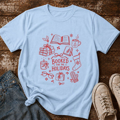 Booked For The Holidays Printed T-Shirt | Christmas Book Lover Gift Light Blue