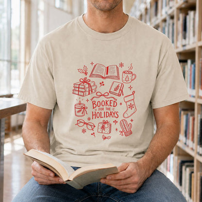 Booked For The Holidays Printed T-Shirt | Christmas Book Lover Gift Sand
