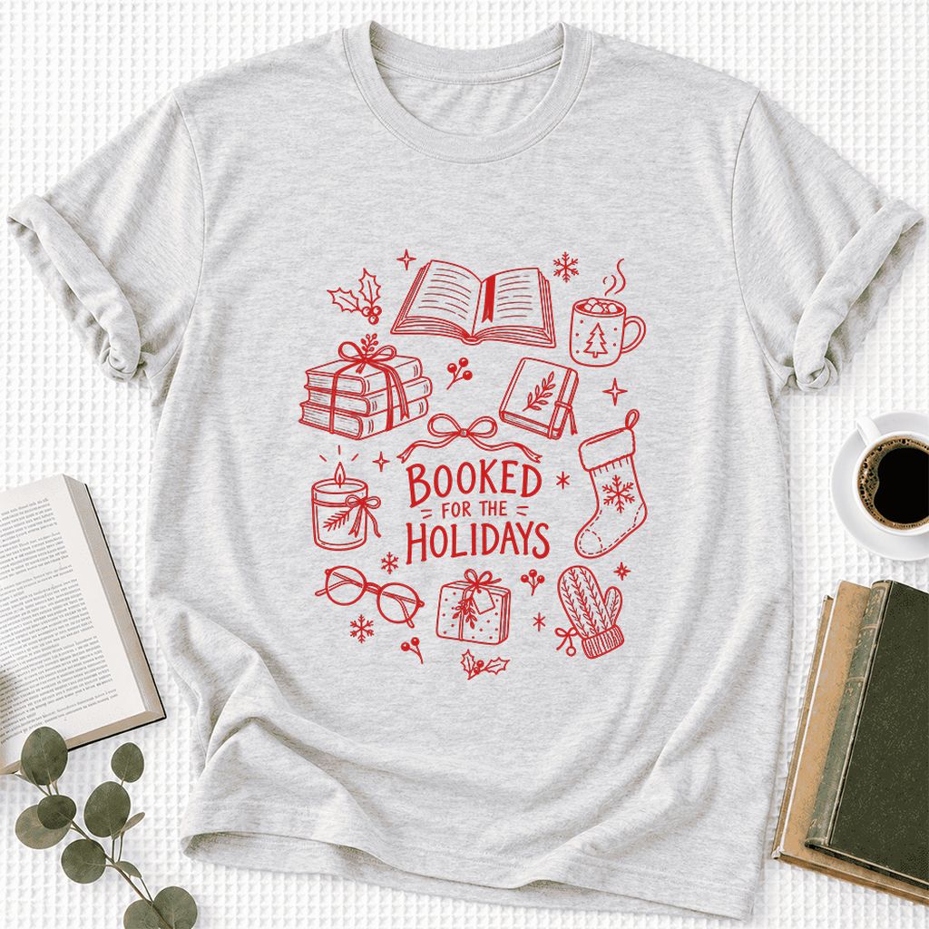 Booked For The Holidays Ultra-Soft Cotton T-Shirt | Christmas Reader Gift Ash