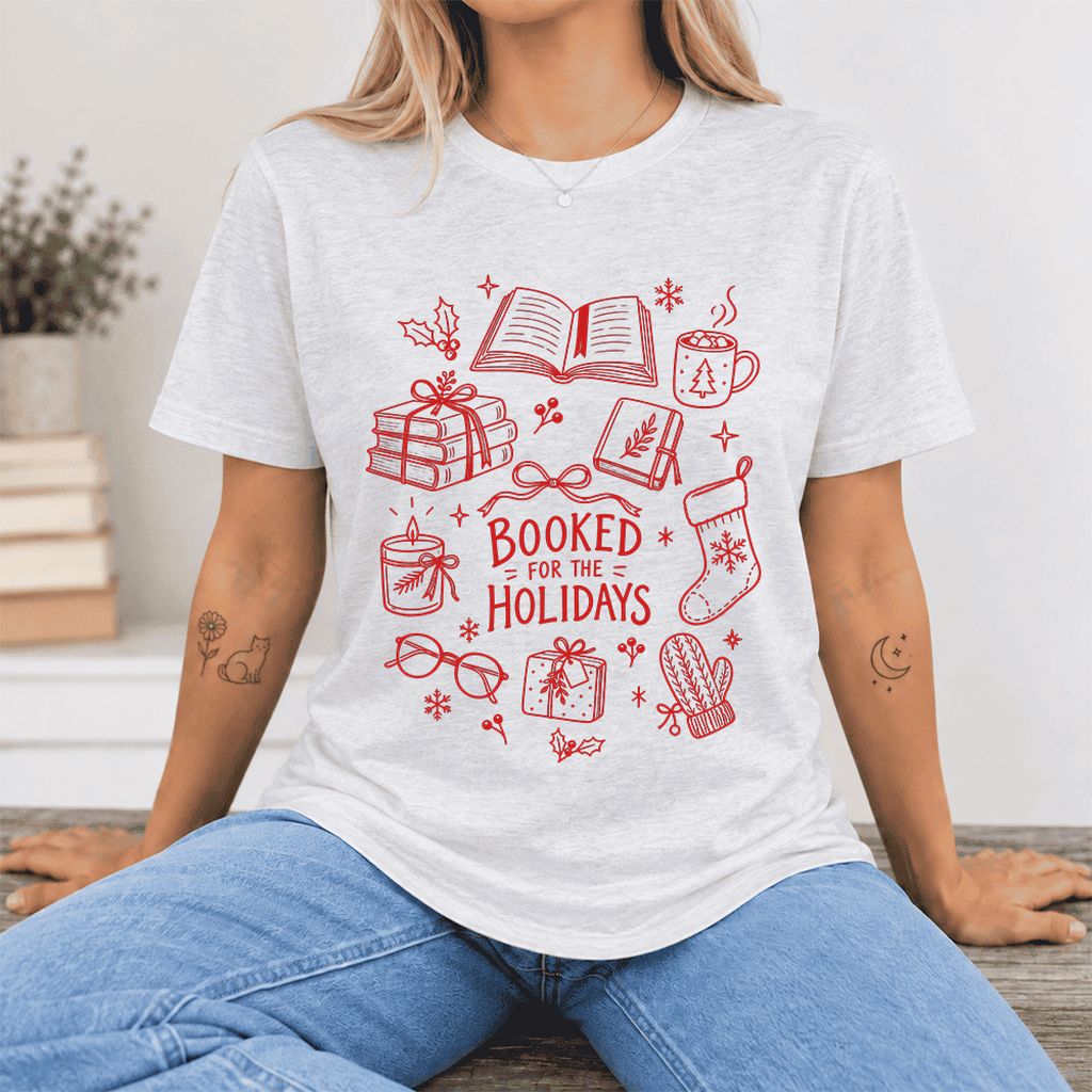 Booked For The Holidays Ultra-Soft Cotton T-Shirt | Christmas Reader Gift Ash