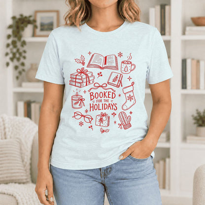 Booked For The Holidays Ultra-Soft Cotton T-Shirt | Christmas Reader Gift Heather Ice Blue