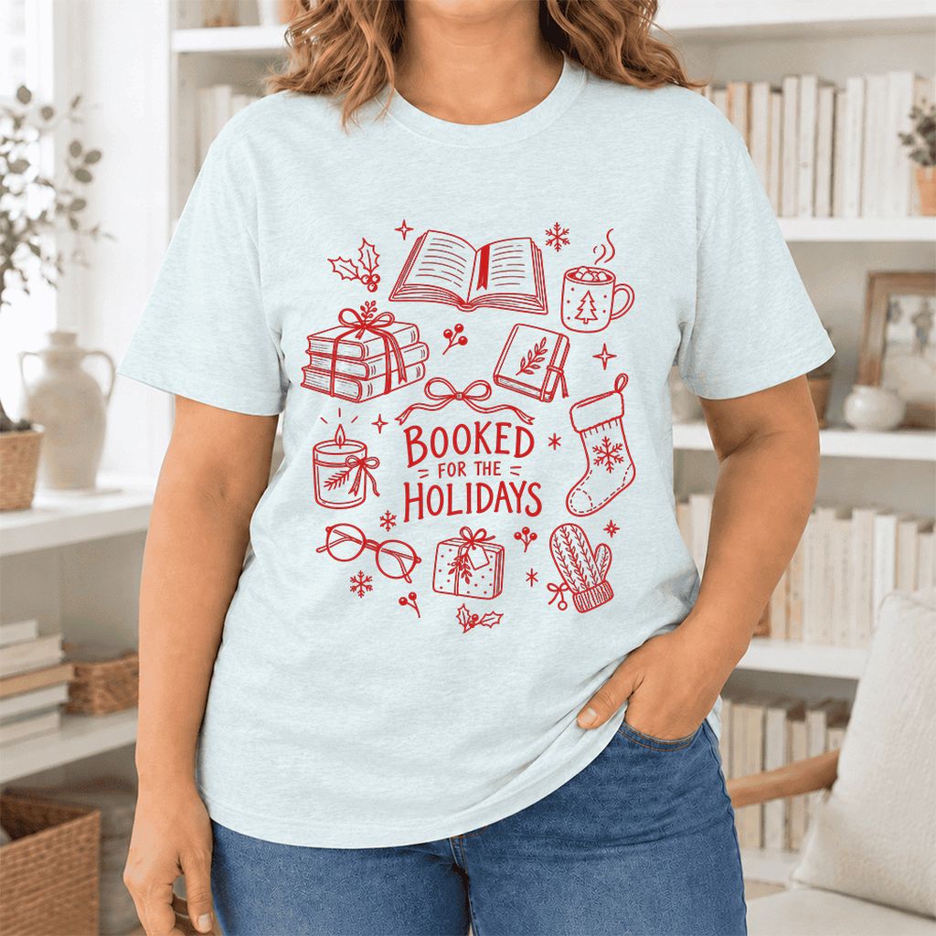 Booked For The Holidays Ultra-Soft Cotton T-Shirt | Christmas Reader Gift Heather Ice Blue