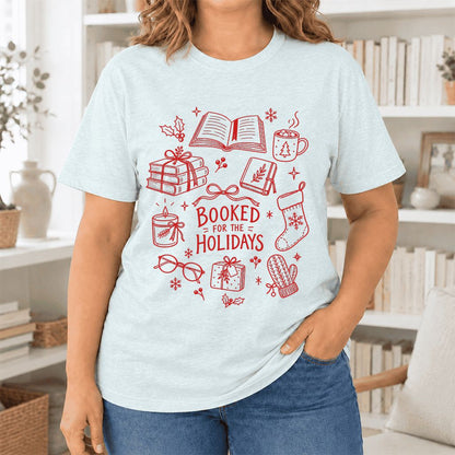 Booked For The Holidays Ultra-Soft Cotton T-Shirt | Christmas Reader Gift Heather Ice Blue