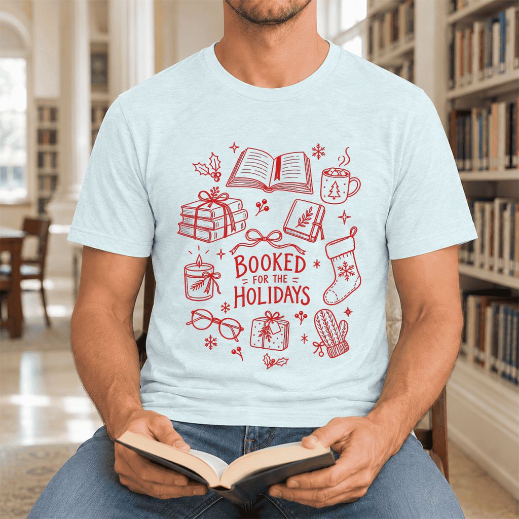 Booked For The Holidays Ultra-Soft Cotton T-Shirt | Christmas Reader Gift Heather Ice Blue