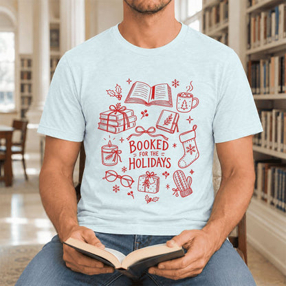 Booked For The Holidays Ultra-Soft Cotton T-Shirt | Christmas Reader Gift Heather Ice Blue