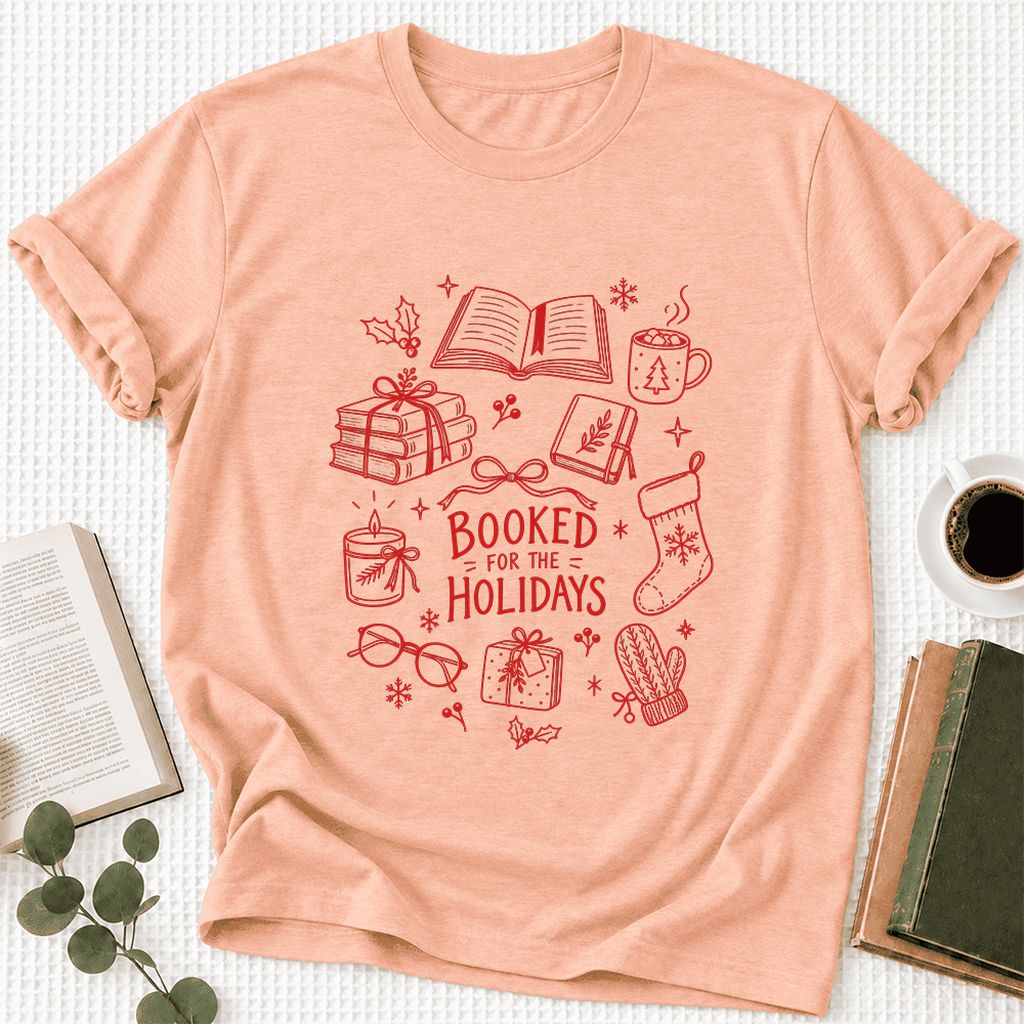 Booked For The Holidays Ultra-Soft Cotton T-Shirt | Christmas Reader Gift Heather Peach