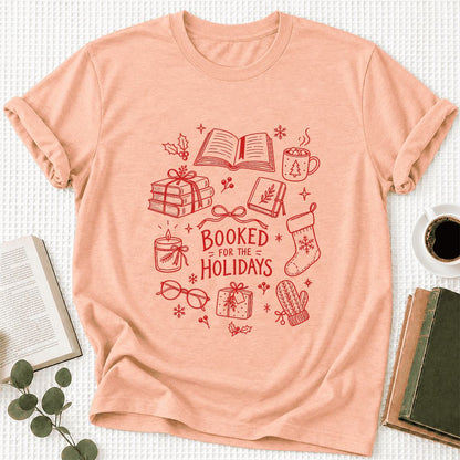 Booked For The Holidays Ultra-Soft Cotton T-Shirt | Christmas Reader Gift Heather Peach