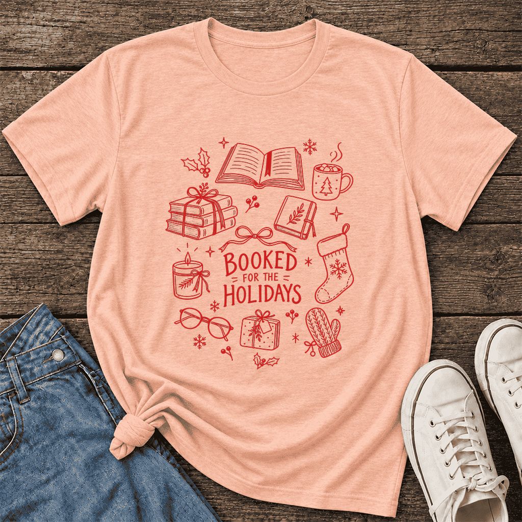 Booked For The Holidays Ultra-Soft Cotton T-Shirt | Christmas Reader Gift Heather Peach